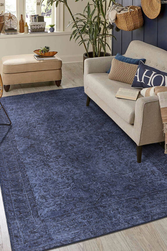Outlet 300x400 Folk Eskitme Desenli Dokuma Taban Dekoratif Mavi Halı BA-08 - 1