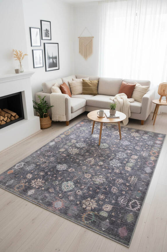 Outlet 300x400 Folk Etnik Desenli Dokuma Taban Dekoratif Gri Halı BA-19 - 1