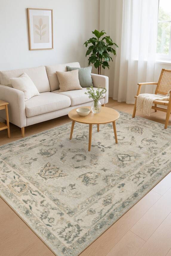 Outlet 300X400 Relic Yeşil Vintage Dokulu Klasik Desenli Dokuma Tabanlı Şönil Halı AL-517 - 1