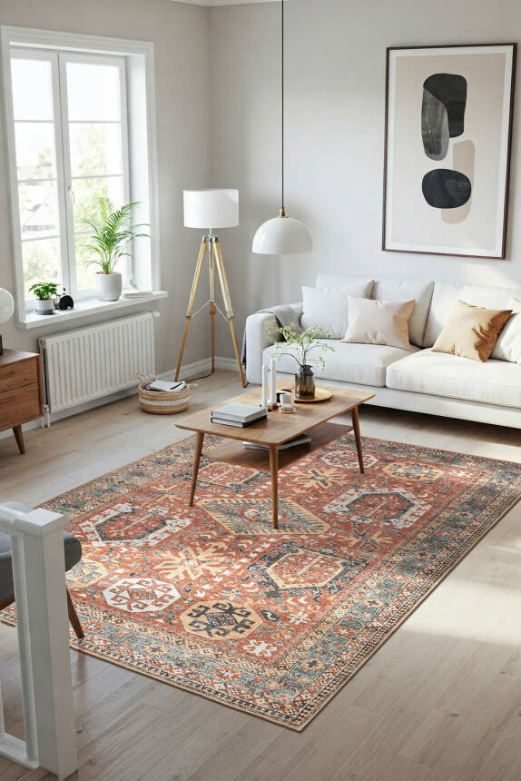 Outlet 75x150 Blues Eskitme Vintage Desenli Renkli Otantik Yıkanabilir Şönil Halı AL-439 - 1