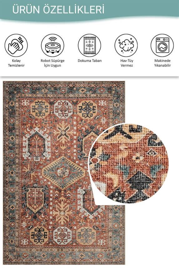 Outlet 75x150 Blues Eskitme Vintage Desenli Renkli Otantik Yıkanabilir Şönil Halı AL-439 - 4