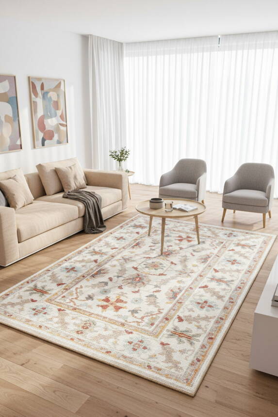 Outlet 75x150 Dorian Eskitme Desenli Dokuma Taban Bej Şönil Halı AL-437 - 1