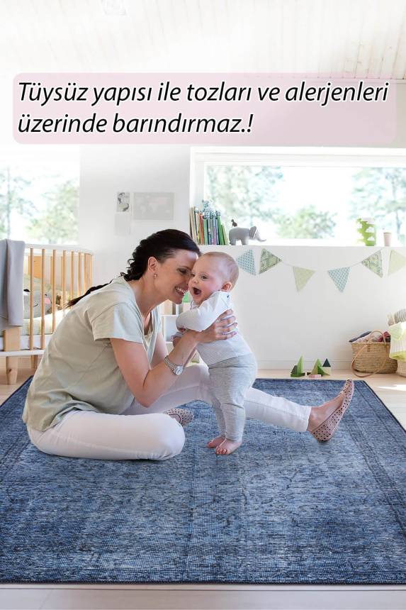 Outlet 75x150 Dorian Eskitme Desenli Dokuma Taban Dekoratif Lacivert Halı AL-138 - 7