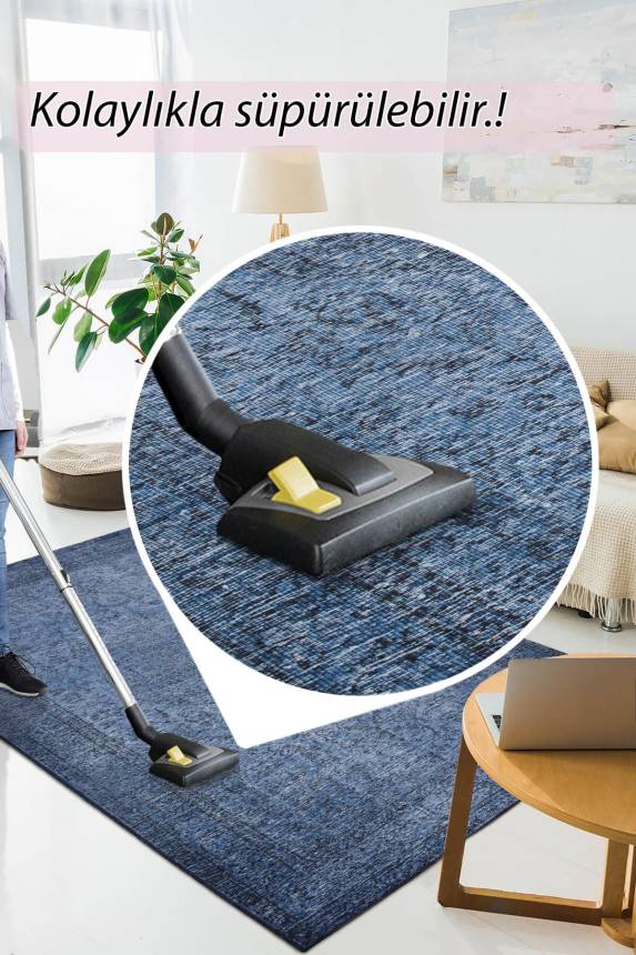 Outlet 75x150 Dorian Eskitme Desenli Dokuma Taban Dekoratif Lacivert Halı AL-138 - 6