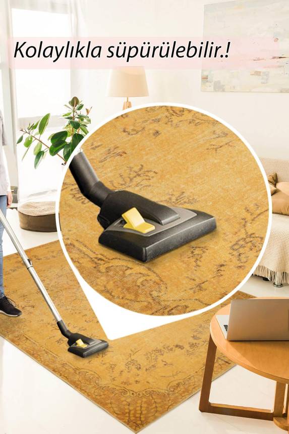 Outlet 75x150 Dorian Eskitme Desenli Dokuma Taban Dekoratif Sarı Halı AL-27 - 6