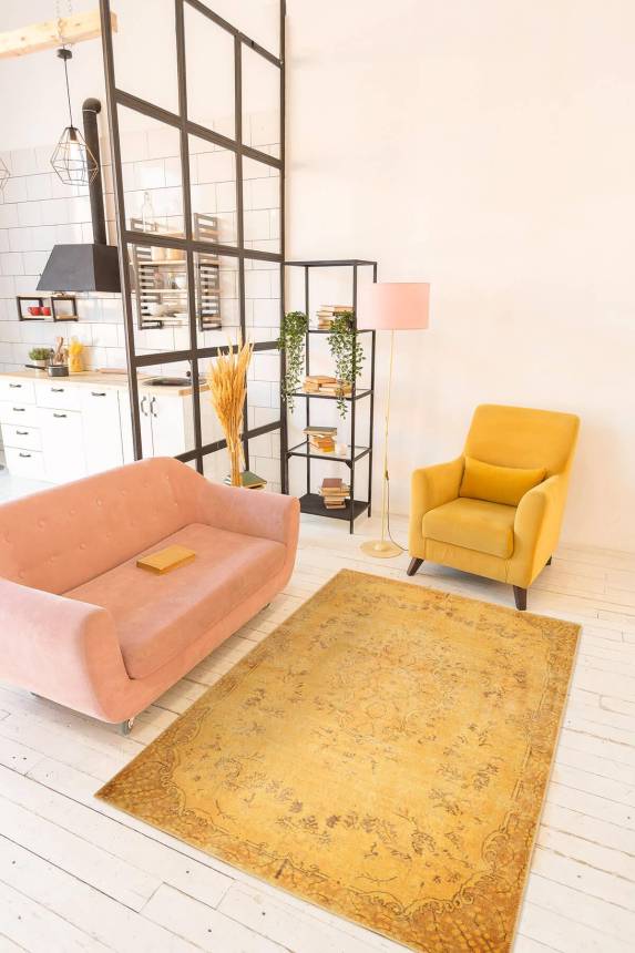 Outlet 75x150 Dorian Eskitme Desenli Dokuma Taban Dekoratif Sarı Halı AL-27 - 1