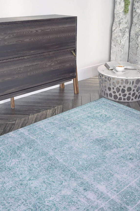 Outlet 75x150 Dorian Eskitme Desenli Dokuma Taban Dekoratif Yeşil Halı AL 44 - 1