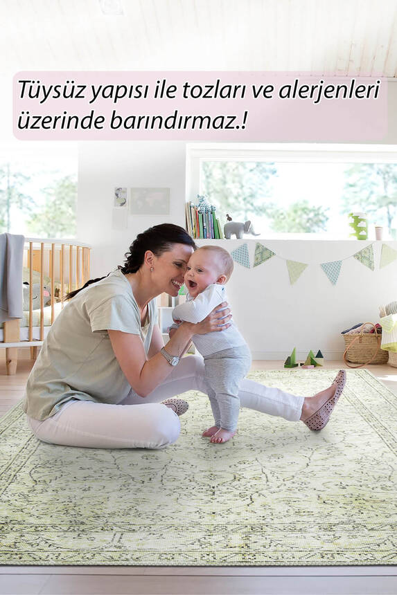 Outlet 75x150 Folk Eskitme Desenli Dokuma Taban Dekoratif Yeşil Halı BA-27 - 8