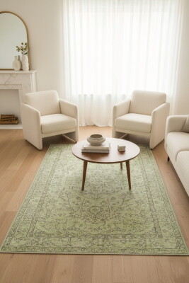 Outlet 75x150 Folk Eskitme Desenli Dokuma Taban Dekoratif Yeşil Halı BA-27 - Artloop