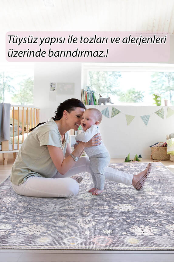 Outlet 75x150 Folk Etnik Desenli Dokuma Taban Dekoratif Gri Halı BA-19 - 8