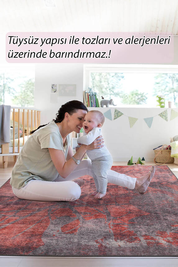 Outlet 75x150 Fusion Modern Dokuma Taban Dekoratif Gri / Bordo Halı AL-422 - 8