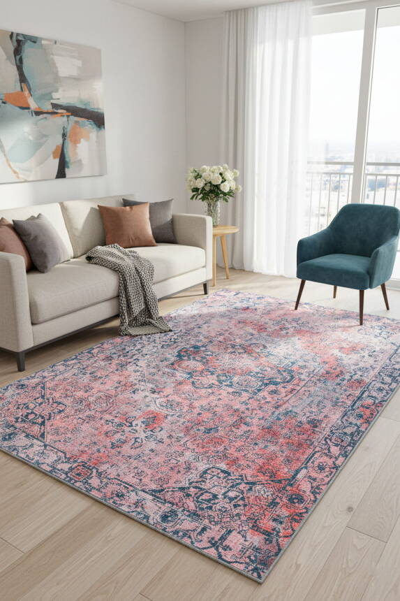 Outlet 75x150 Fusion Modern Dokuma Taban Dekoratif Pembe Halı AL-200 - 1