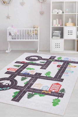 Outlet 75x150 Minor Dokuma Taban Dekoratif Beyaz Arabalı Çocuk Halısı AL-407 - Artloop