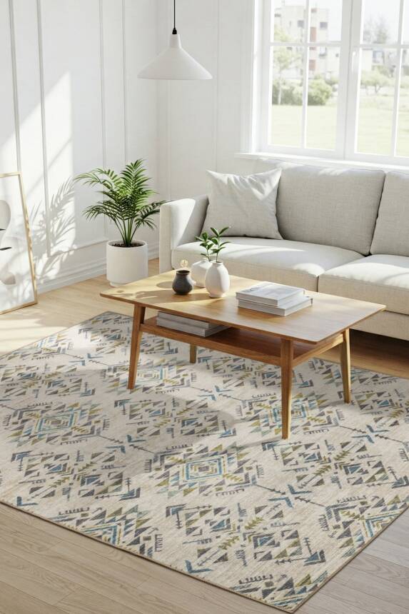 Outlet 75x150 Nora Bej / Yeşil Etnik Desenli Dokuma Tabanlı Modern Şönil Halı AL-506 - 1