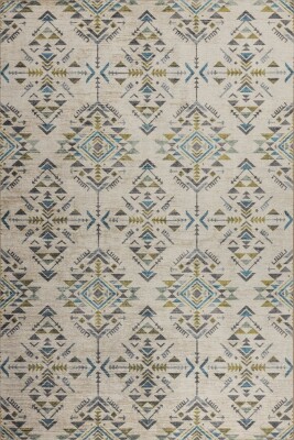 Outlet 75x150 Nora Bej / Yeşil Etnik Desenli Dokuma Tabanlı Modern Şönil Halı AL-506 - 2