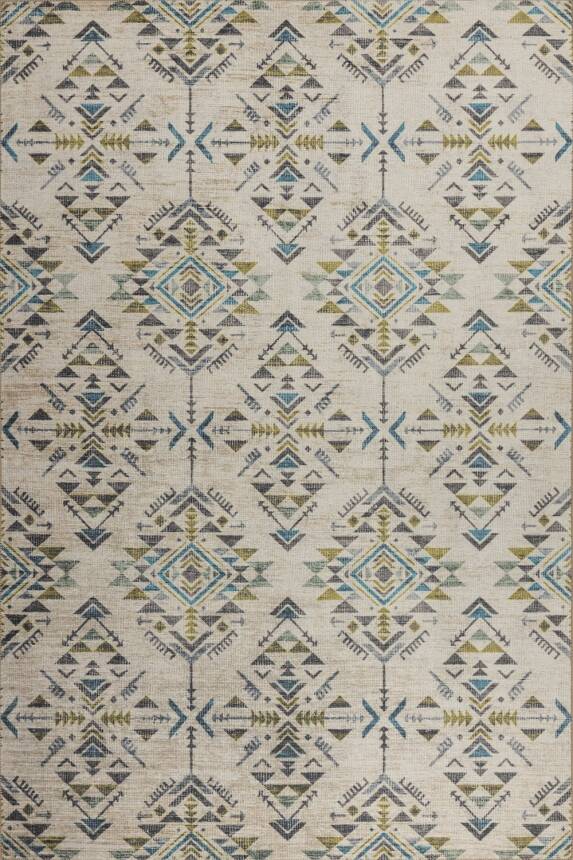 Outlet 75x150 Nora Bej / Yeşil Etnik Desenli Dokuma Tabanlı Modern Şönil Halı AL-506 - 2