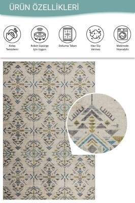 Outlet 75x150 Nora Bej / Yeşil Etnik Desenli Dokuma Tabanlı Modern Şönil Halı AL-506 - 4