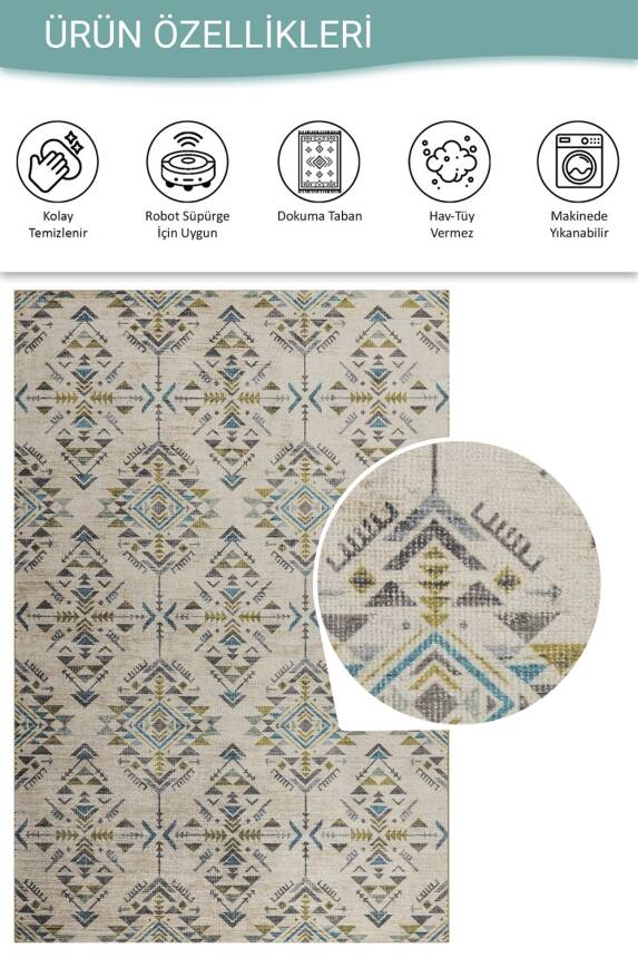Outlet 75x150 Nora Bej / Yeşil Etnik Desenli Dokuma Tabanlı Modern Şönil Halı AL-506 - 4