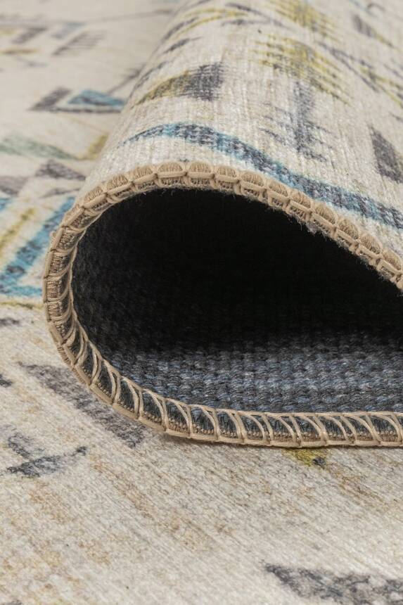 Outlet 75x150 Nora Bej / Yeşil Etnik Desenli Dokuma Tabanlı Modern Şönil Halı AL-506 - 6