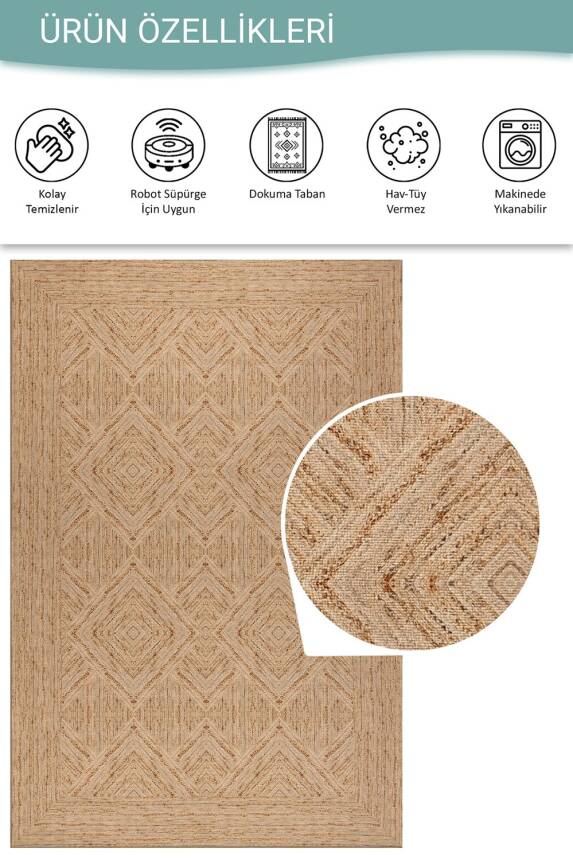 Outlet 75x150 Nora Jüt Rengi Geometrik Desenli Dokuma Tabanlı Modern Şönil Halı AL-524 - 4