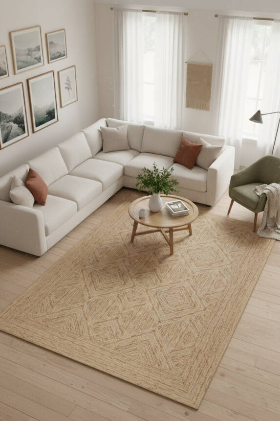 Outlet 75x150 Nora Jüt Rengi Geometrik Desenli Dokuma Tabanlı Modern Şönil Halı AL-524 - 1