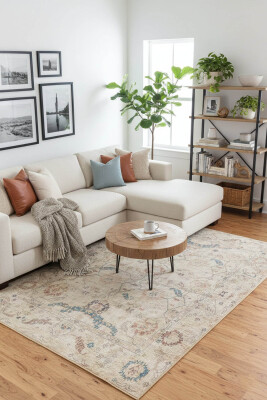 Outlet 75x150 Relic Bej / Mavi Vintage Dokulu Klasik Desenli Dokuma Tabanlı Şönil Halı AL-476 - Artloop