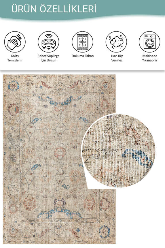 Outlet 75x150 Relic Bej / Mavi Vintage Dokulu Klasik Desenli Dokuma Tabanlı Şönil Halı AL-476 - 4