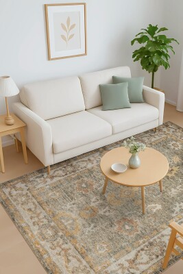 Outlet 75x150 Relic Yeşil Vintage Dokulu Klasik Desenli Dokuma Tabanlı Şönil Halı AL-515 - Artloop