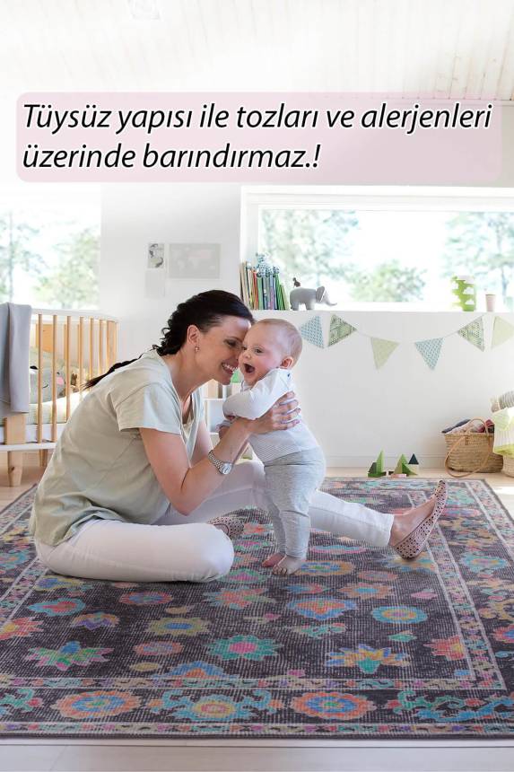 Outlet 75x150 Soul Etnik Geometrik Çiçek Desenli Dokuma Taban Dekoratif Siyah Halı AL-146 - 7