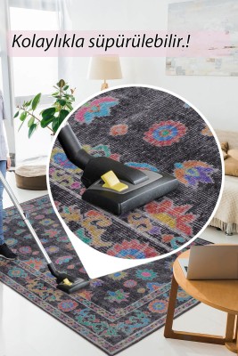 Outlet 75x150 Soul Etnik Geometrik Çiçek Desenli Dokuma Taban Dekoratif Siyah Halı AL-146 - 6