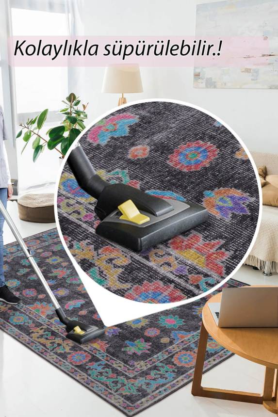 Outlet 75x150 Soul Etnik Geometrik Çiçek Desenli Dokuma Taban Dekoratif Siyah Halı AL-146 - 6