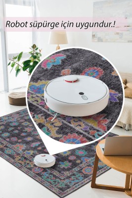 Outlet 75x150 Soul Etnik Geometrik Çiçek Desenli Dokuma Taban Dekoratif Siyah Halı AL-146 - 5