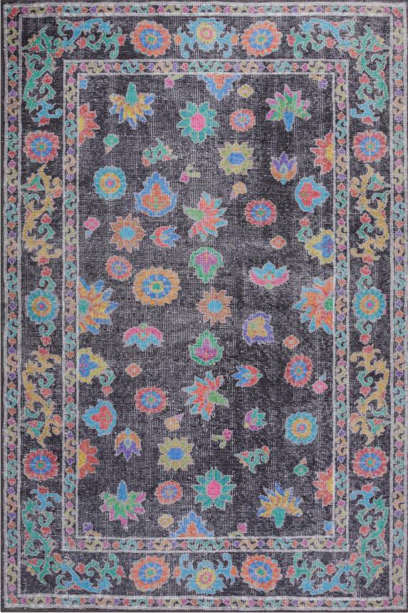 Outlet 75x150 Soul Etnik Geometrik Çiçek Desenli Dokuma Taban Dekoratif Siyah Halı AL-146 - 2