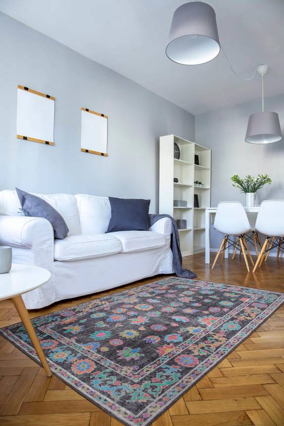 Outlet 75x150 Soul Etnik Geometrik Çiçek Desenli Dokuma Taban Dekoratif Siyah Halı AL-146 - 1