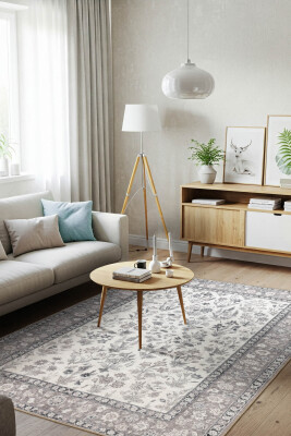 Outlet 75x150 Stonart Eskitme Vintage Desenli Gri Otantik Yıkanabilir Şönil Halı AL-447 - Artloop