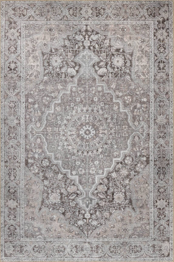 Outlet 75x150 Stonart Klasik Eskitme Vintage Desenli Otantik Yıkanabilir Gri/Kahverengi Halı AL-444 - 2