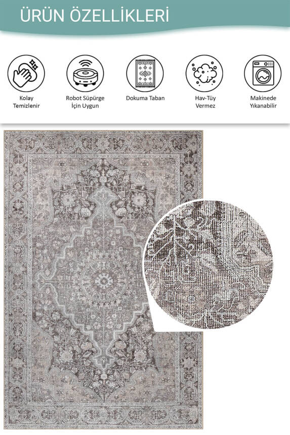 Outlet 75x150 Stonart Klasik Eskitme Vintage Desenli Otantik Yıkanabilir Gri/Kahverengi Halı AL-444 - 4