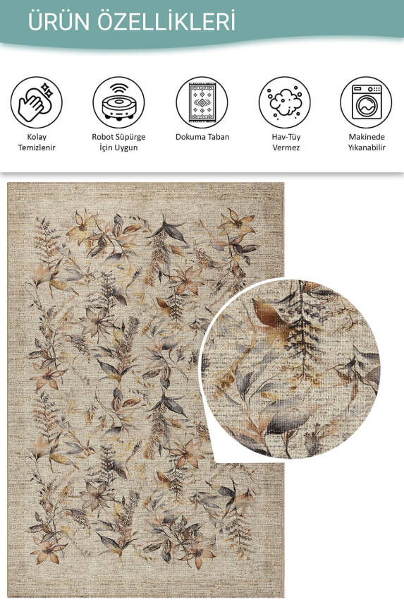 Outlet 75x230 Florart Bej / Kahverengi Vintage Dokulu Çiçek Desenli Dokuma Tabanlı Şönil Halı AL-468 - 4