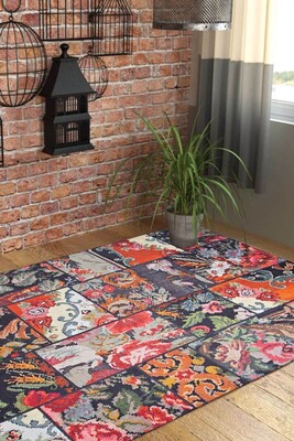 Outlet 75x230 Jazz Patchwork Karabağ Desenli Dokuma Taban Dekoratif Siyah Halı AL-153 - 1