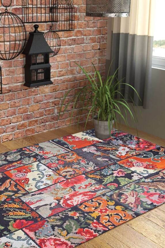 Outlet 75x230 Jazz Patchwork Karabağ Desenli Dokuma Taban Dekoratif Siyah Halı AL-153 - 1