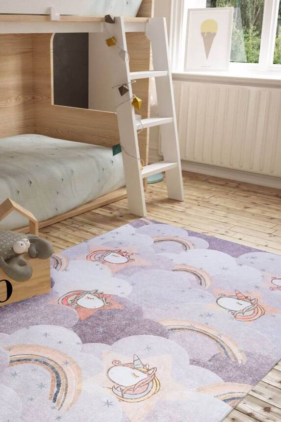 Outlet 75x230 Minor Dokuma Taban Dekoratif Gri Unicornlu Çocuk Halısı AL-143 - 1