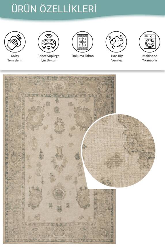 Outlet 75x230 Relic Bej Vintage Dokulu Klasik Desenli Dokuma Tabanlı Şönil Halı AL-514 - 4