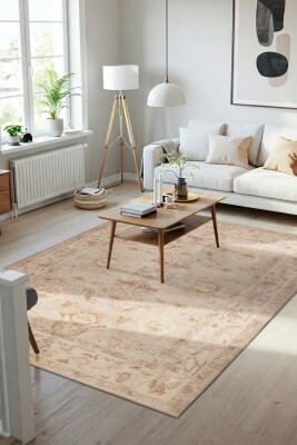 Outlet 75x230 Relic Bej Vintage Dokulu Klasik Desenli Dokuma Tabanlı Şönil Halı AL-523 - Artloop