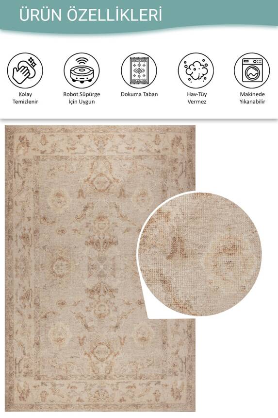 Outlet 75x230 Relic Bej Vintage Dokulu Klasik Desenli Dokuma Tabanlı Şönil Halı AL-523 - 4