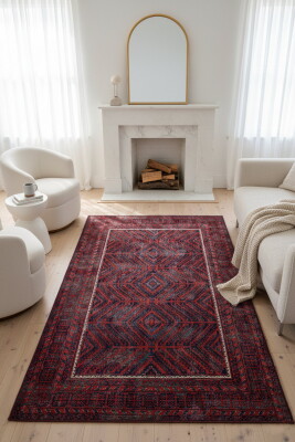 Outlet 75x230 Relic Kırmızı / Lacivert Vintage Dokulu Klasik Desenli Dokuma Tabanlı Şönil Halı AL-494 - Artloop