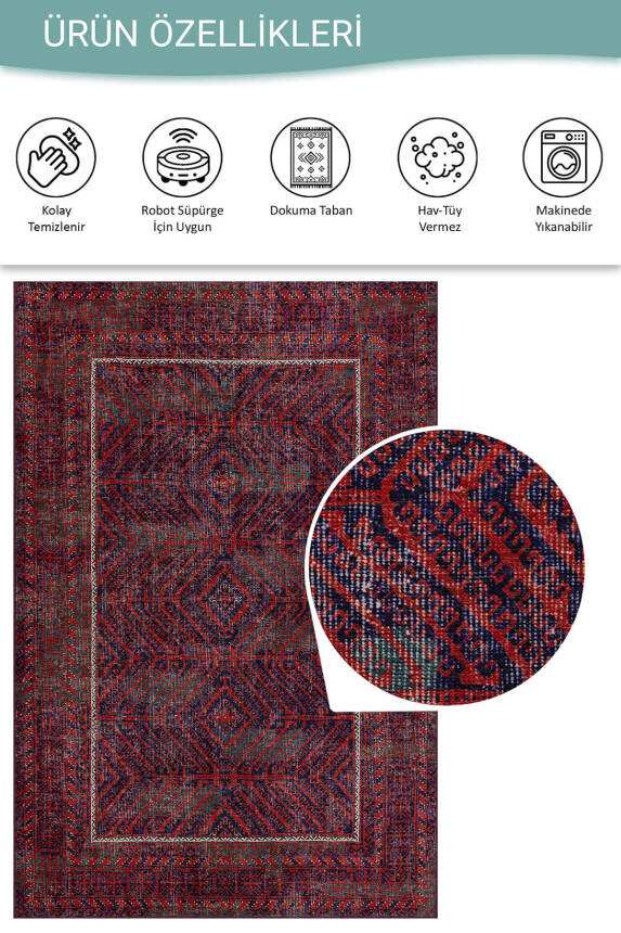 Outlet 75x230 Relic Kırmızı / Lacivert Vintage Dokulu Klasik Desenli Dokuma Tabanlı Şönil Halı AL-494 - 3