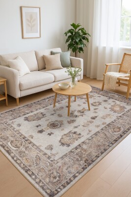 Outlet 75x230 Relic Krem Vintage Dokulu Klasik Desenli Dokuma Tabanlı Şönil Halı AL-516 - Artloop