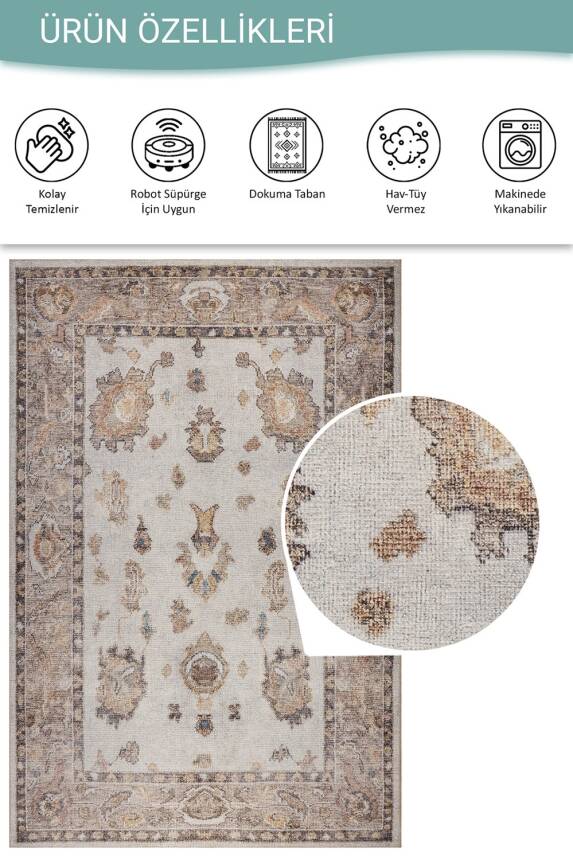 Outlet 75x230 Relic Krem Vintage Dokulu Klasik Desenli Dokuma Tabanlı Şönil Halı AL-516 - 4