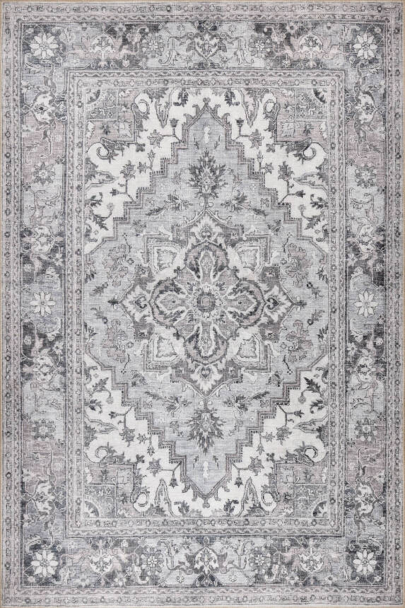 Outlet 75x230 Stonart Eskitme Vintage Desenli Gri Otantik Yıkanabilir Şönil Halı AL-455 - 2