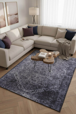 Outlet 75x300 Blues Vintage Desenli Dokuma Taban Dekoratif Gri Halı AL-22 - Artloop